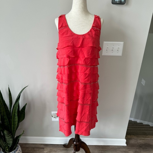 BCBGMAXAZRIA Silk Racerback CORAL PASSION BEADED TIERED DRESS BID6K238 - Picture 10 of 11